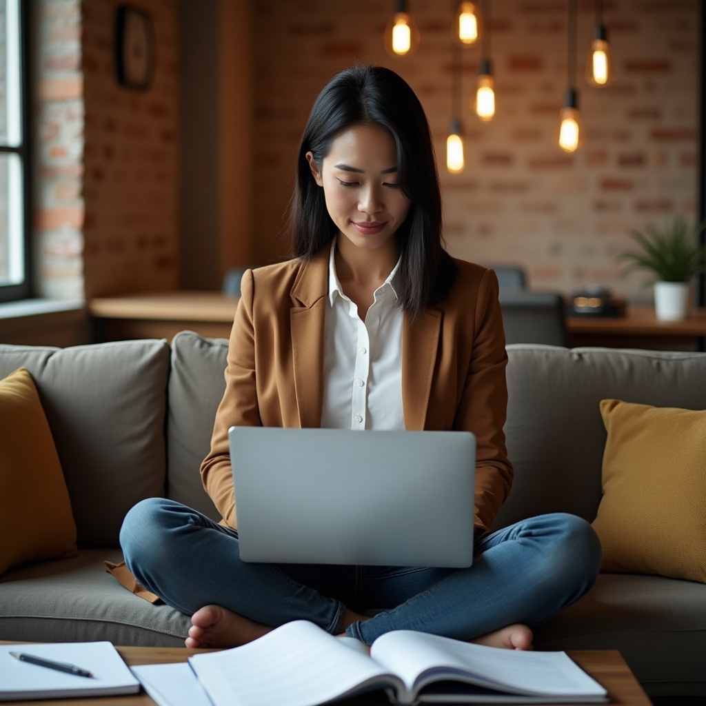 Emprendedora trabajando de forma independiente en espacio de trabajo creativo